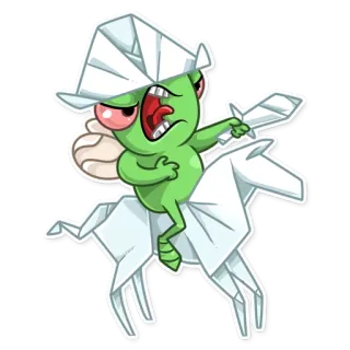 😠 adesivo, desenho animado, personagem verde, origami de papel, cavalo, chapéu, engraçado, animal telegram sticker