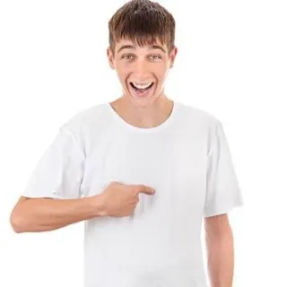 😁 young man, pointing, excited, t-shirt, white background, portrait telegram sticker