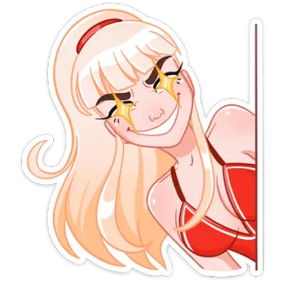 🤩 mujer, rubia, ilustración, dibujo animado, rojo, brillo, ojo, sonrisa telegram sticker
