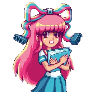 💁 pixel art, anime girl, cartoon, kawaii, pink hair, book, student telegram sticker
