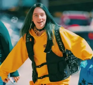 😄 Billie Eilish RBLSD นักร้อง, คนดัง, นักดนตรี, สีเหลือง, เสื้อฮู้ด, ผมสีเขียว, ป๊อปสตาร์ telegram sticker