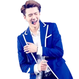 😆 male, blue suit, microphone, singing, laughing, person, celebrity, entertainment whatsapp sticker