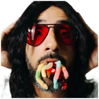 😵 мужчина, мармеладные червячки, очки, ест, портрет, лицо, конфеты whatsapp sticker
