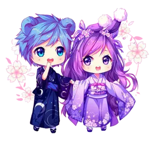 ❤️ Аниме, Чиби, Кавай, Пара, Милый, Кимоно, Цветы, Мультфильм telegram sticker