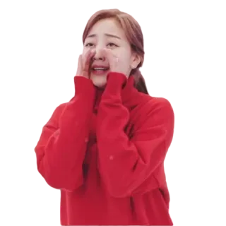 😦 menangis, sedih, emosional, orang, wanita, sweater merah telegram sticker