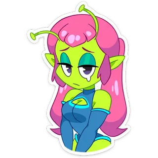 ☹️ Alien, Desenho animado, Mulher, Triste, Chorando, Cabelo rosa, Pele verde telegram sticker