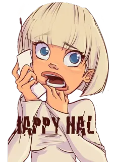 😧 HAPPY HAL хэллоуин, мультфильм, стикер, девушка, телефон, испуганный telegram sticker