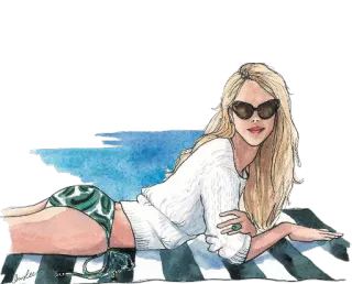 😎 femme, plage, lunettes de soleil, bikini, détente, été, illustration, maillot de bain telegram sticker