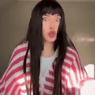 😡 woman, long hair, stripes, finger pointing, reaction, video collage, expressions telegram sticker