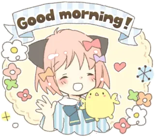 👋 Good morning! Bonjour, Mignon, Style anime, Poussin, Fleurs telegram sticker