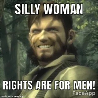 🚫 SILLY WOMAN
RIGHTS ARE FOR MEN! Meme, Misogynie, Blague, Offensant, Texte, Niais telegram sticker