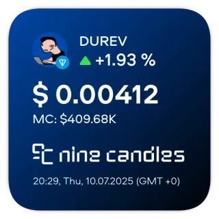 📊 DUREV
+1.93 %
$ 0.00412
MC: $409.68K
nine candles
20:29, Thu, 10.07.2025 (GMT +0) telegram sticker