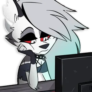 🙄 Loona Helluva Boss perro infernal, demonio, ordenador, aburrido, dibujo animado, anime, personaje, Loona, Helluva Boss whatsapp sticker