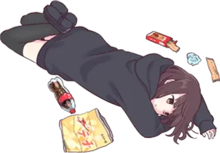 🍫 fille anime, couché(e), snacks, soda, détendu(e), dessin animé telegram sticker