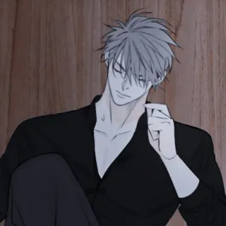 🌑 Mann, Anime-Stil, Cartoon, Charakter, graue Haare, sitzend telegram sticker