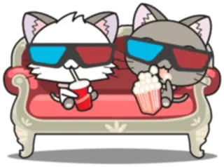 🍿 cats, watching, popcorn, 3D glasses, couch, animals, cinema, movie night whatsapp sticker