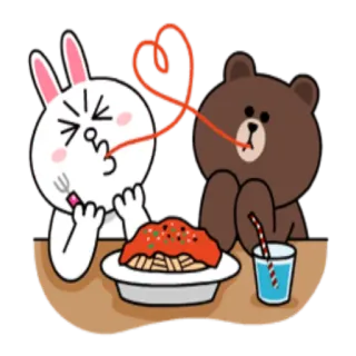 🍝 Brown, Cony медведь, кролик, спагетти, любовь, мультфильм, еда, ест, милый whatsapp sticker