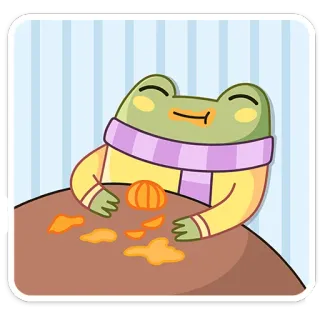 😌 frog, orange, eating, scarf, winter, cartoon telegram sticker