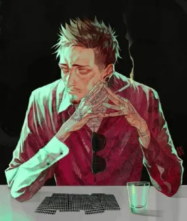 🚬 мужчина, татуировки, курение, сигарета, покер, карты, стол, портрет telegram sticker