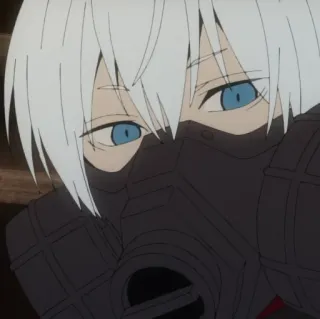 🤍 Anime, Karakter, Masker gas, Rambut putih, Mata biru, Masker wajah, Gaya anime telegram sticker