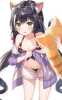 😟 anime girl, cat girl, bikini, sunglasses, summer, beach telegram sticker