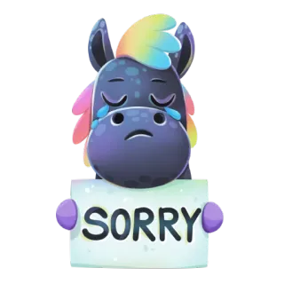 😔 SORRY извини, извинения, прощение, мультфильм, эмоция, грустный, единорог, просьба whatsapp sticker