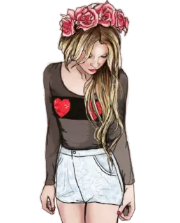🧝‍♀ femme, fille, couronne de fleurs, rose, short, mode, style, illustration telegram sticker