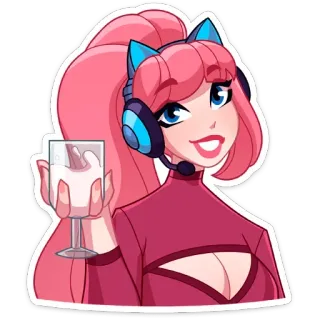 🍷 女性, 粉色头发, 耳机, 数字艺术, 玻璃杯, 饮料, 卡通 whatsapp sticker
