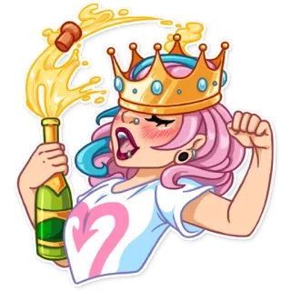 👑 Frau, Krone, Champagner, Feier, Cartoon, Party telegram sticker