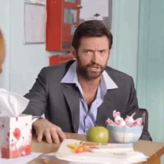 🐺 Hugh Jackman man, suit, desk, angry, expression, upset whatsapp sticker