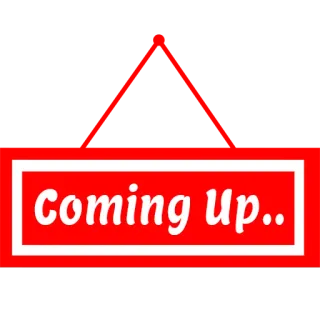 🔜 coming up.. prossimamente, annuncio, promozione, evento, rosso, bianco telegram sticker
