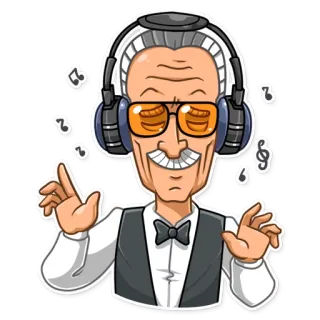 😋 Stan Lee Stan Lee, cartoon, headphones, music, portrait, celebrity telegram sticker