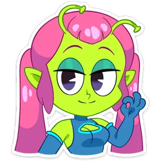 👌 Alienígena, Desenho animado, Fofo, Garota, Sinal de OK, Cabelo rosa, Pele verde telegram sticker