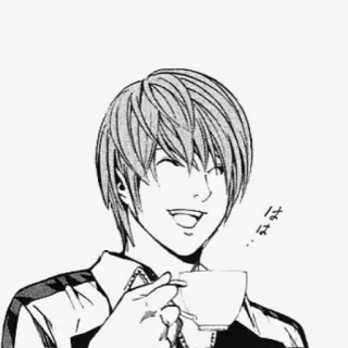☕ Light Yagami Death Note はは... ไลท์ ยางามิ, เดธโน้ต, อนิเมะ, มังงะ, ยิ้ม, ชา, ถ้วย telegram sticker