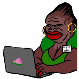 🍉 Diversity Hire
#1092 Мультфильм, Сатира, Оскорбительный, Стереотип, Мем telegram sticker