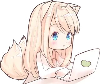 💻 fille anime, oreilles de chat, ordinateur portable, dessin animé, kawaii, mignon whatsapp sticker