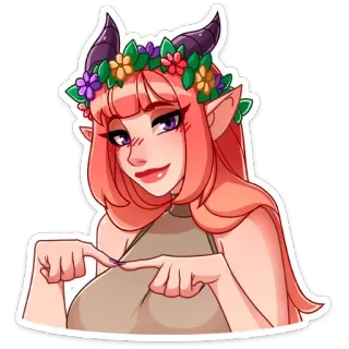 🥺 demon girl, fantasy, cartoon, horns, flower crown, pink hair, smiling telegram sticker