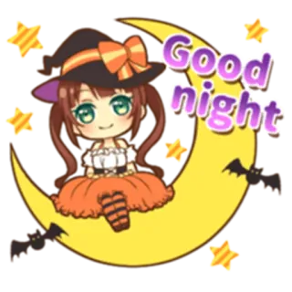💤 Good night 잘자요, 애니메이션, 스티커, 달, 귀여운, 소녀, 마녀 telegram sticker