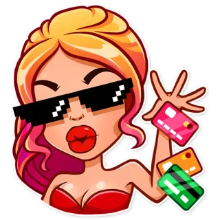 😎 femme, cartes de crédit, lunettes de soleil, pixelisé, dessin animé, richesse, shopping, finance whatsapp sticker