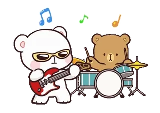 🎸 หมี, วงดนตรี, เพลง, กีตาร์, มือกลอง, น่ารัก, การ์ตูน, เกี่ยวกับดนตรี telegram sticker