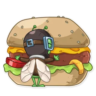 🍔 mosca, hambúrguer, desenho animado, piloto, comida, inseto, adesivo telegram sticker