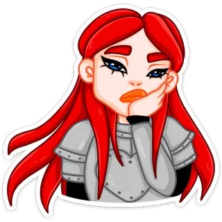 ☹️ desenho animado, menina, cabelo ruivo, armadura, triste, entediada whatsapp sticker