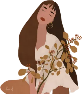 👩‍🦰 ผู้หญิง, ผมสีน้ำตาลเข้ม, ภาพประกอบ, ภาพเหมือน, ศิลปะ, โบฮีเมียน, แฟชั่น, ผู้หญิง telegram sticker