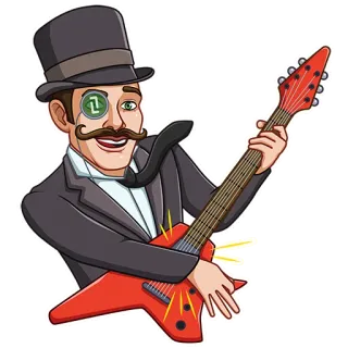 🤟 dibujo animado, guitarra, hombre, monóculo, sombrero de copa, música telegram sticker