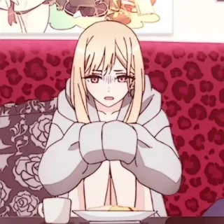 🍰 animé, fille, mignon, cheveux blonds, inquiète, mangeant, intérieur telegram sticker