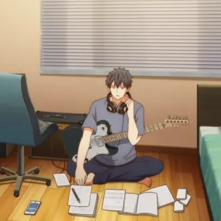 📝 anime, music, guitar, room, boy, sitting, instrument, bedroom telegram sticker