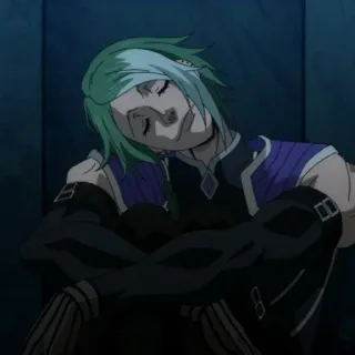 💈 anime, tired, sitting, male, green hair telegram sticker