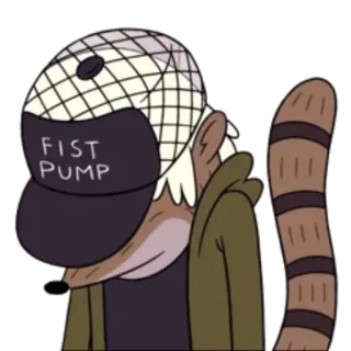 😥 Rigby Regular Show FIST PUMP rigby, zwyczajny serial, kreskówka, szop pracz, piątka z przytupem, kapelusz telegram sticker