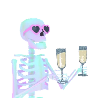 🥂 scheletro, occhiali a cuore, champagne, celebrazione, festa whatsapp sticker