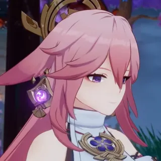 😔 Yae Miko Genshin Impact Yae Miko, Genshin Impact, personnage de jeu vidéo, animé, cheveux roses, violet, Inazuma whatsapp sticker